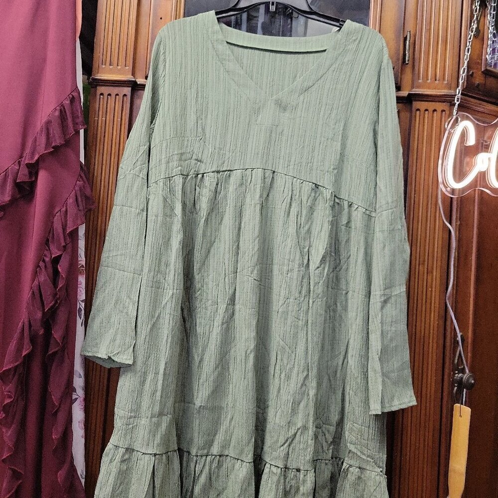 Long Sleeve V Neck Pleated Dress Tiered Ruffle Hem A-Line Loose Fit XL